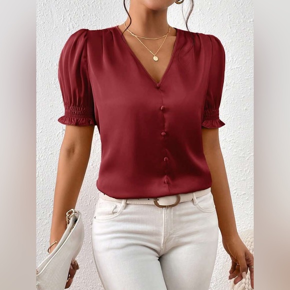 Elegant Burgundy V-Neck Blouse satin frill button front puff sleeve office night - Picture 4 of 11